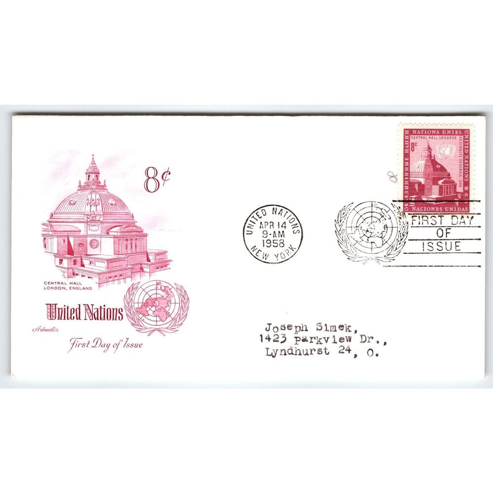 Scott #1085 1958 United Nations Central Hall London First Day Cover FDC